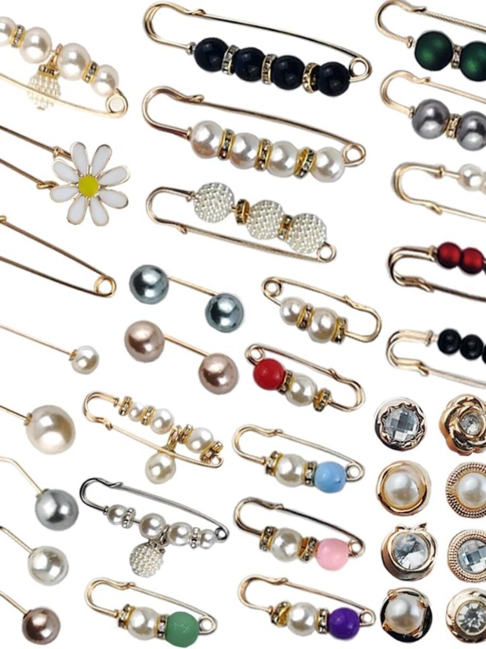 40PCS Pearl Brooch,Pant Waist Tightener Safety Pin Double Faux Pearl Brooches fo